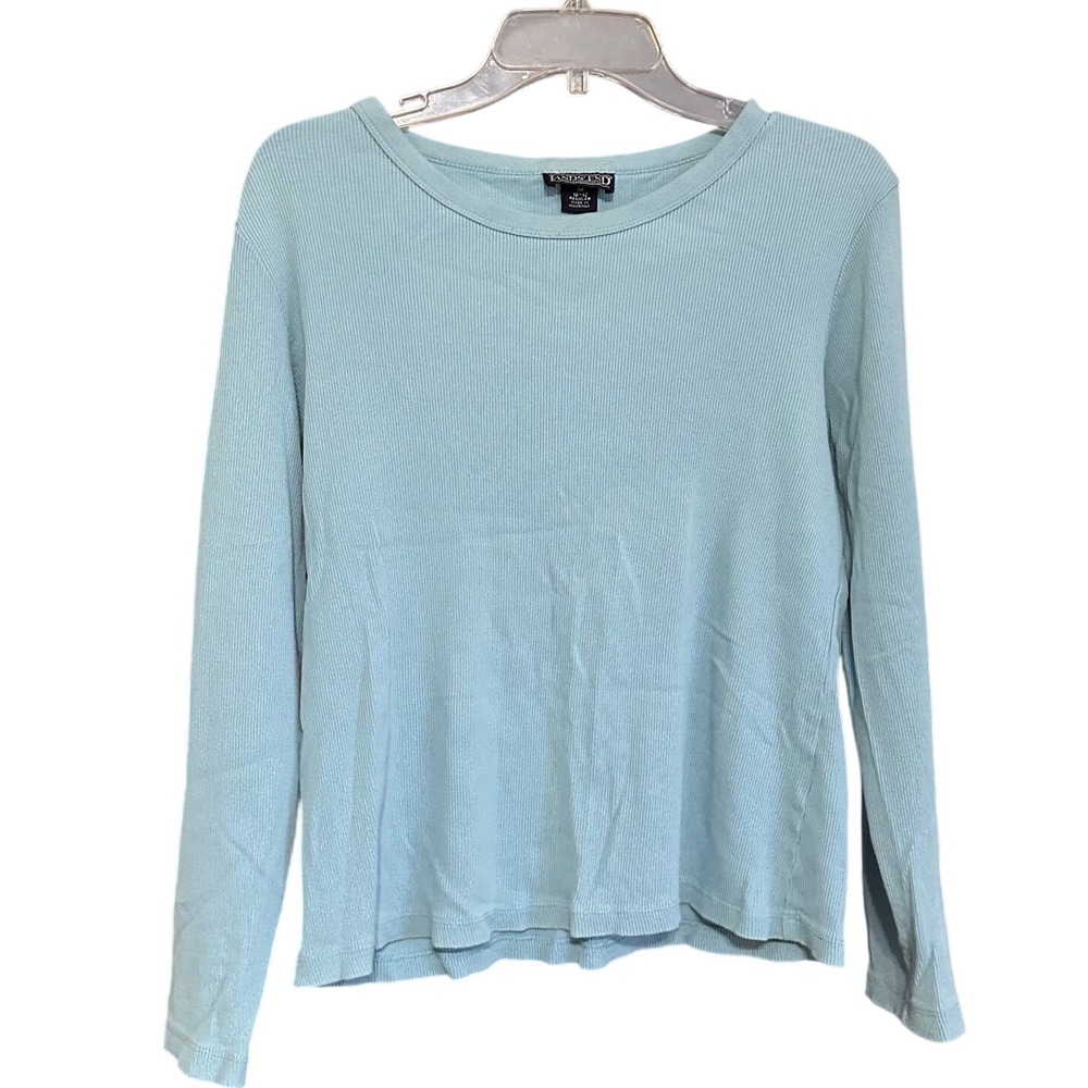 Lands End Womens Ribbed Long Sleeve Crew Neck Top Light Blue Size M 10-12